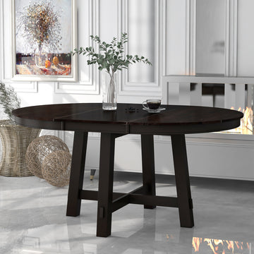 Round Extendable Dining Table with 16" Leaf Wood Kitchen Table