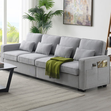 4-Seater Modern Linen Fabric Sofa with Armrest Pockets and 4 Pillows