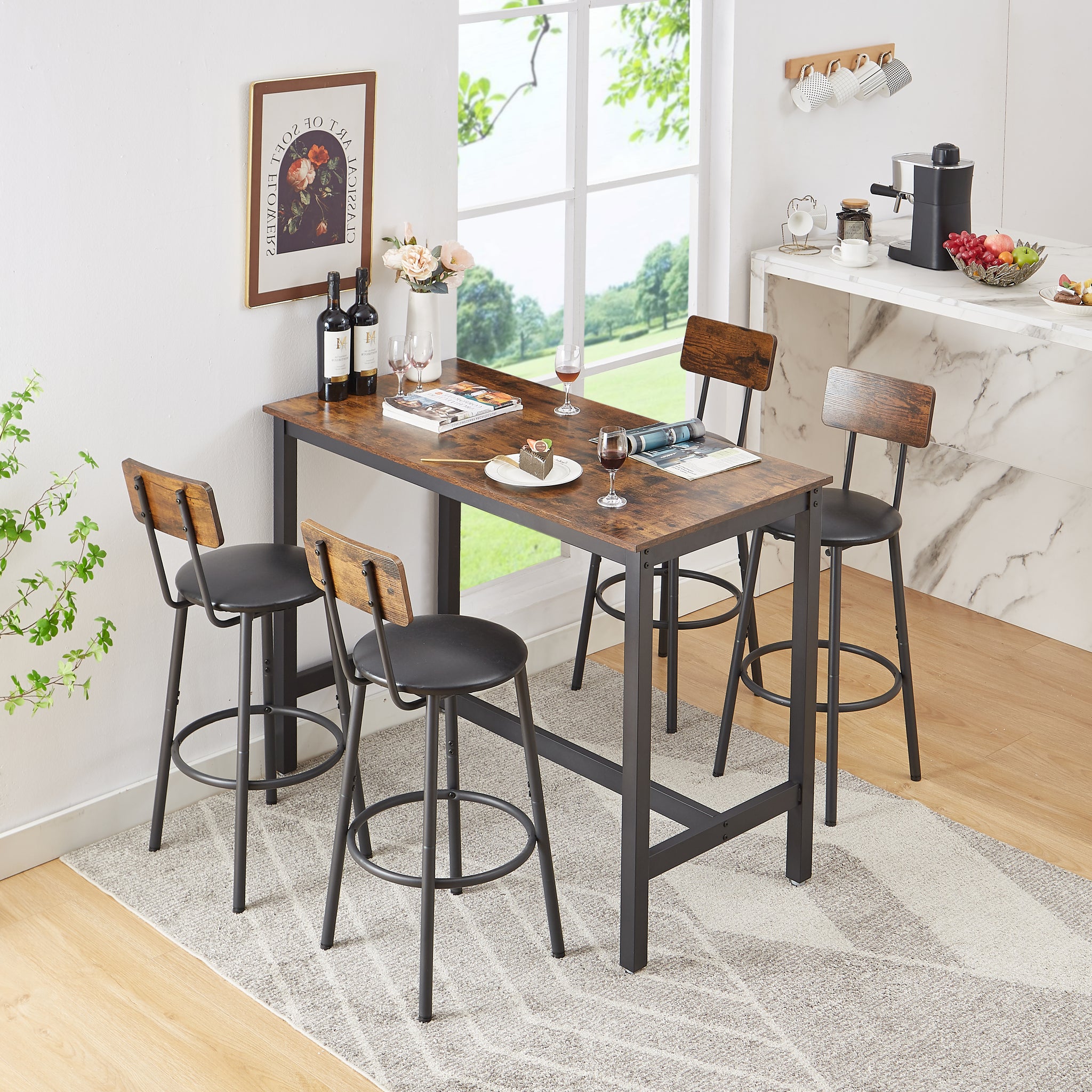 Bar Table Set With 4 Bar Stools PU Soft Seat With Backrest