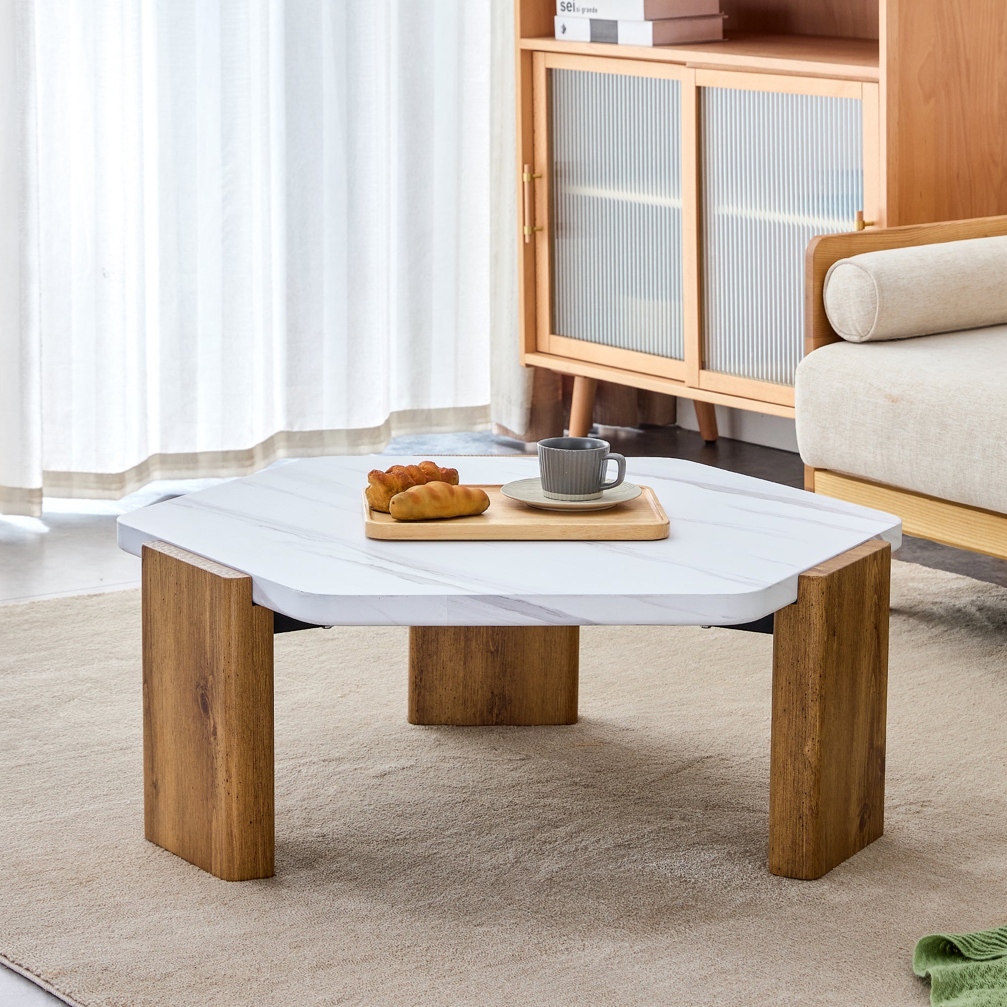 Modern Practical MDF Coffee Table With White Tabletop And Wooden Toned Legs