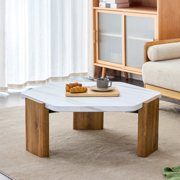 Modern Practical MDF Coffee Table With White Tabletop And Wooden Toned Legs