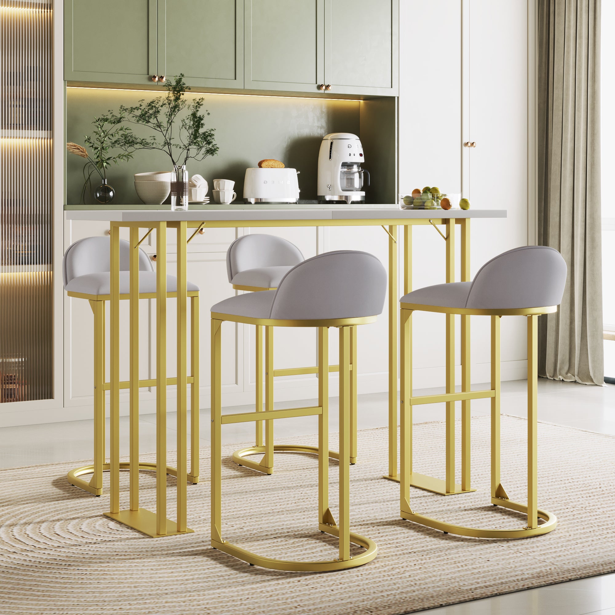 Modern Gold White Table With 4 Velvet Cushion Bar Stools