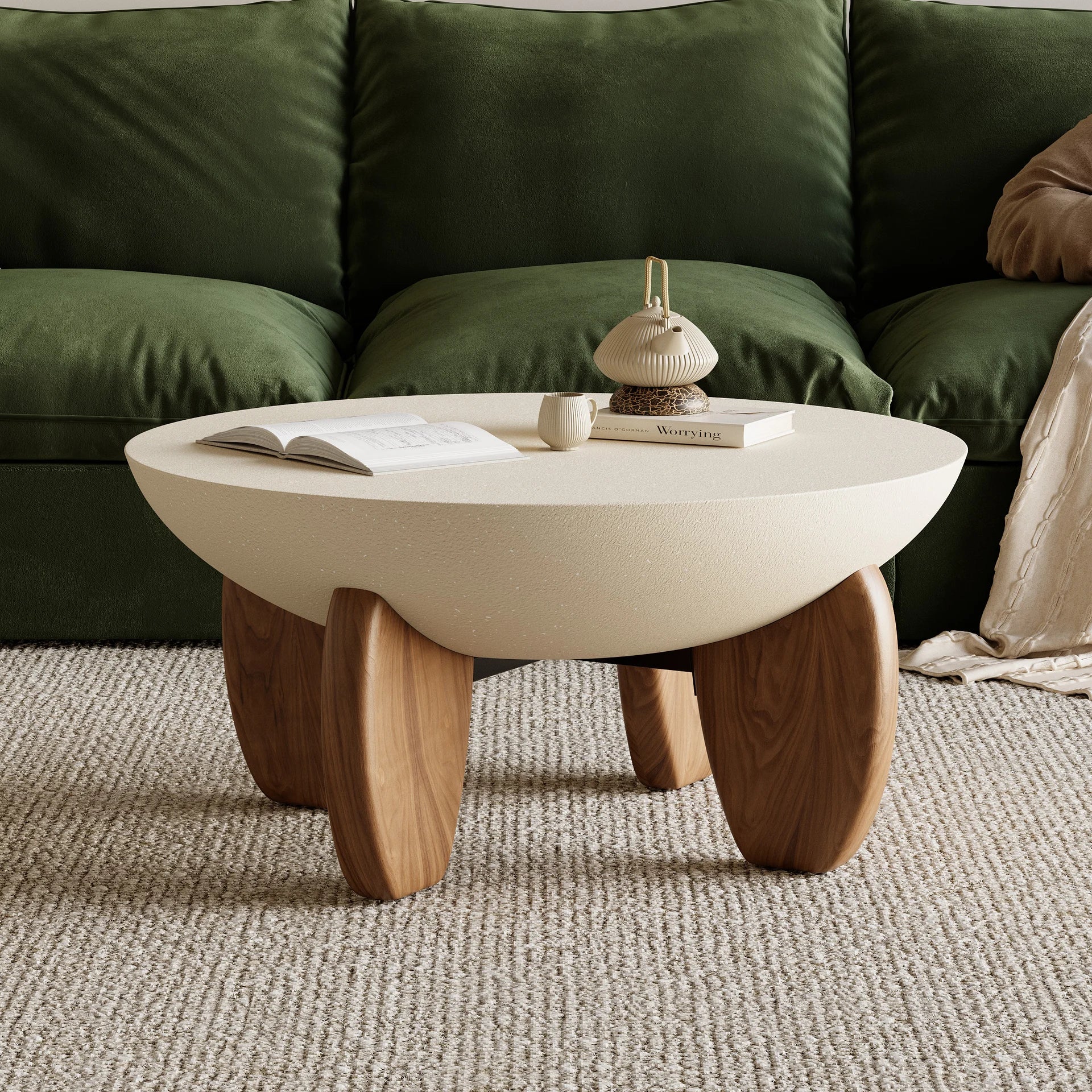 Curva Round Small Modern Beige & Walnut Coffee Table