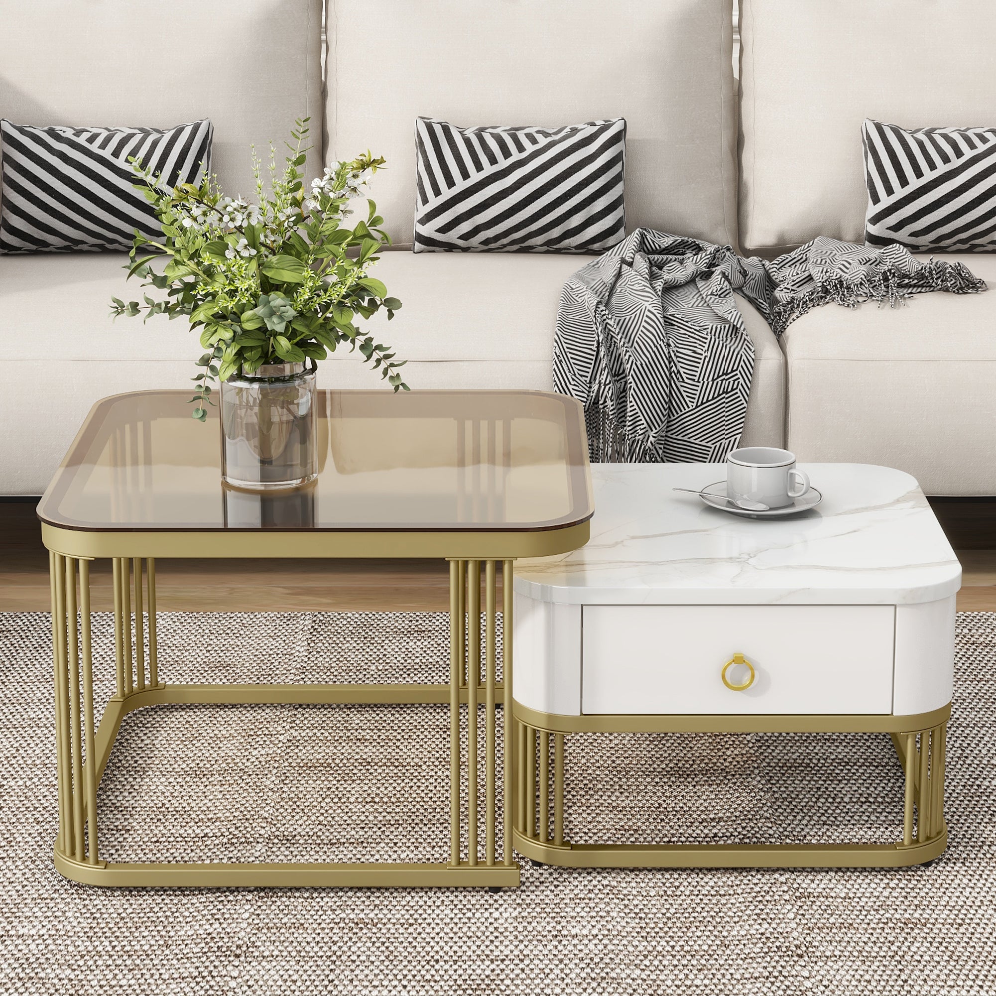 Side Table with High Gloss Marble Grain Tabletop for Living Room