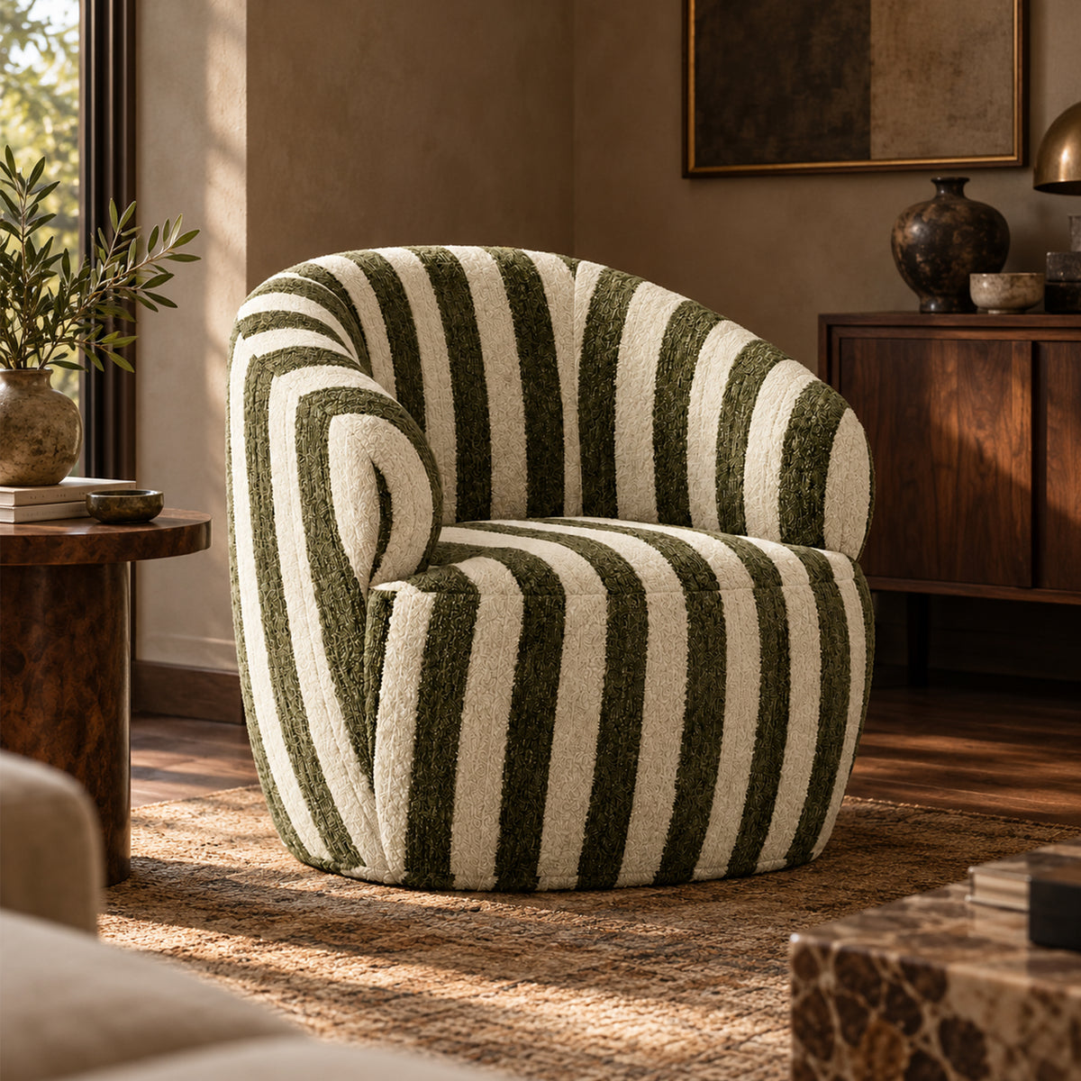 Olive green and cream striped tub accent chair in a bright living room