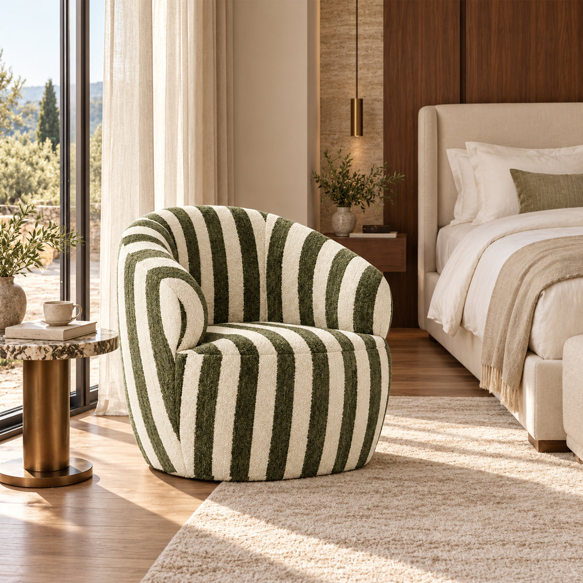 Olive green and cream accent chair in a warm-toned interior