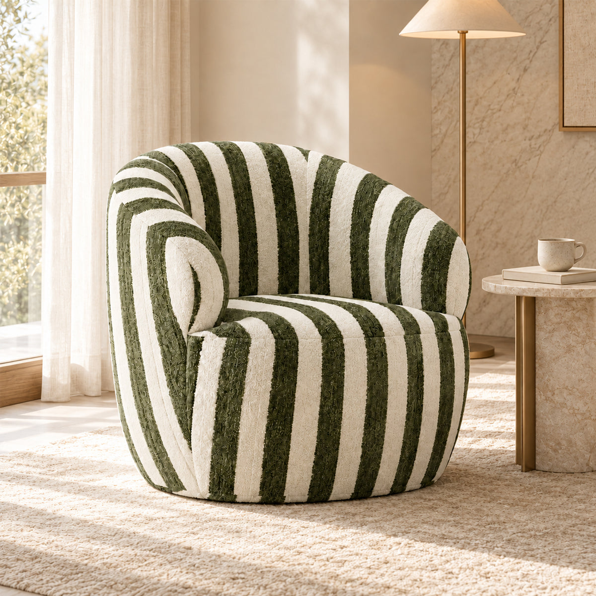 Striped accent chair styled alongside a cream sofa