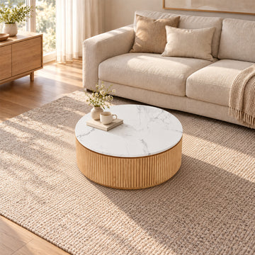 Round Fluted Coffee Table with Marble-Look Top