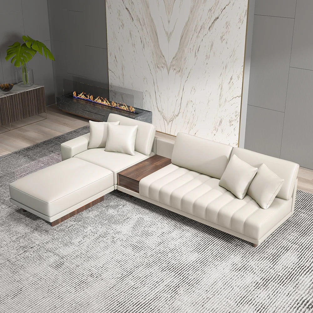 126" L-SHAPED MILKY WHITE MODULAR SECTIONAL SOFA CHAISE WITH OTTOMAN