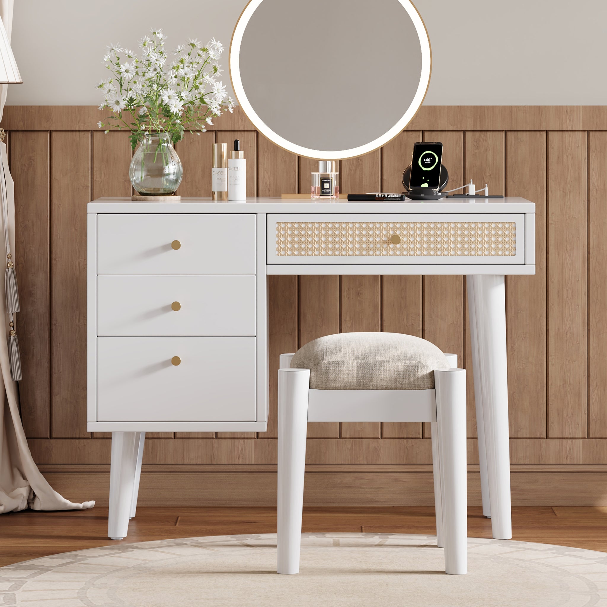 bohemian dressing table Brafabhome Vintage Boho Vanity Table Set with Adjustable Lighted Mirror and Stool, Modern Dressing Table Set with Drawers and Storage Shelves for