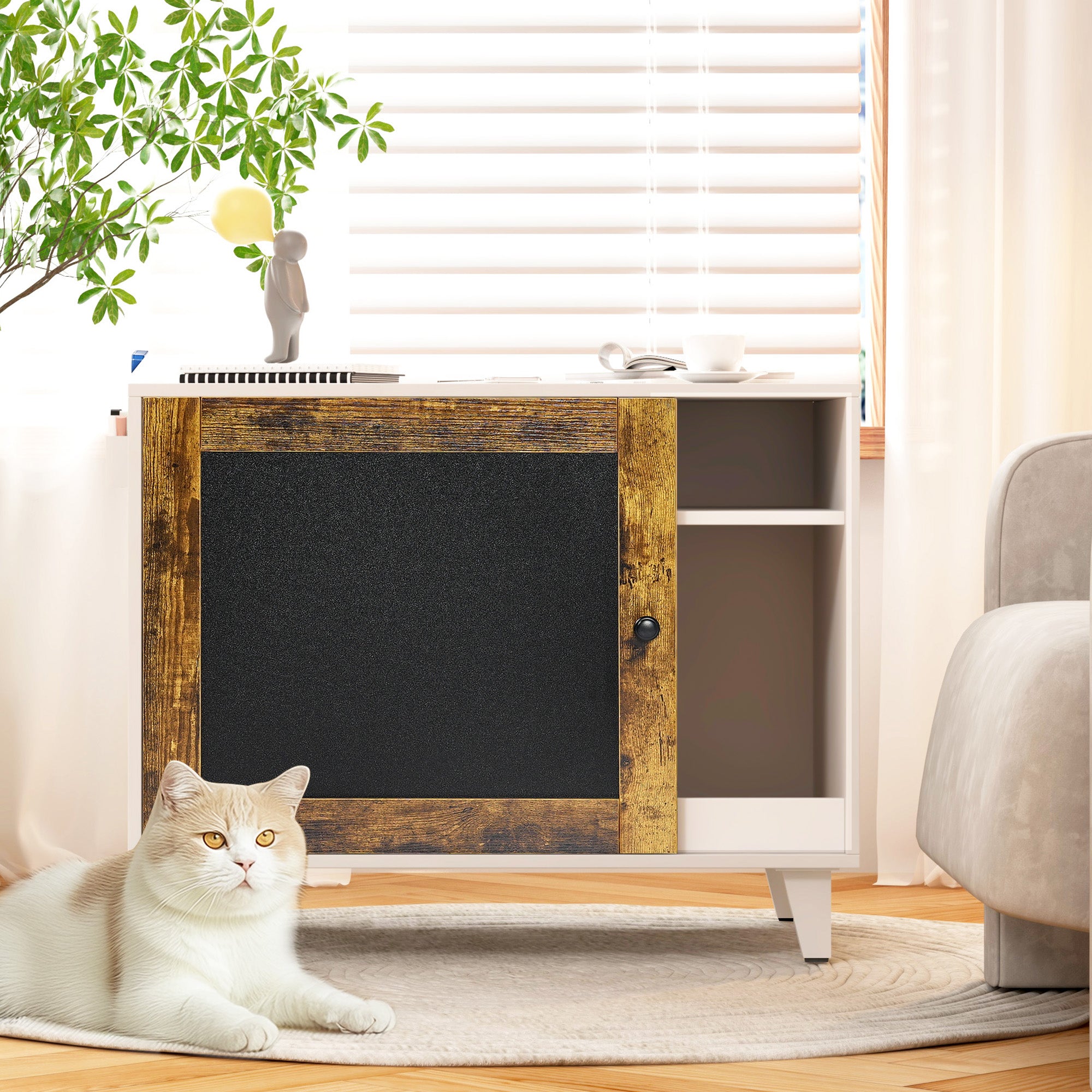 Modern Hidden Cat Litter Box Enclosure Furniture with Scratching Pad for Living Room